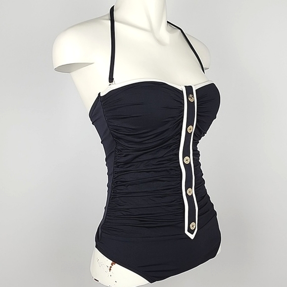 Women's Black One Piece Swimsuit Gold Button Feature Front Rusched Size S/M - Picture 3 of 15